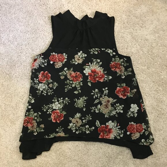 Whimsical Mockneck Tie Back Floral Sleeveless Voluminous Bilayer Blouse - Picture 12 of 16